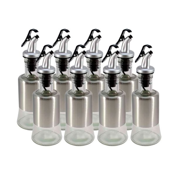 Kit 8 Azeiteiro Vinagreiro Recipiente em Vidro e Inox com Bico Dosador