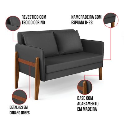 Sofá Namoradeira Lana Corino Preto Base de Madeira