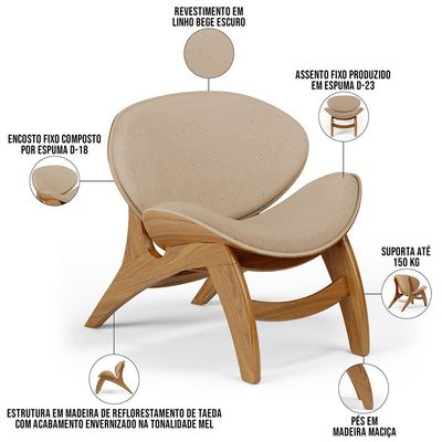 Kit 4 Poltronas Decorativa Orgânica Sala Living Kadosh L02 Linho Bege Escuro - Lyam Decor