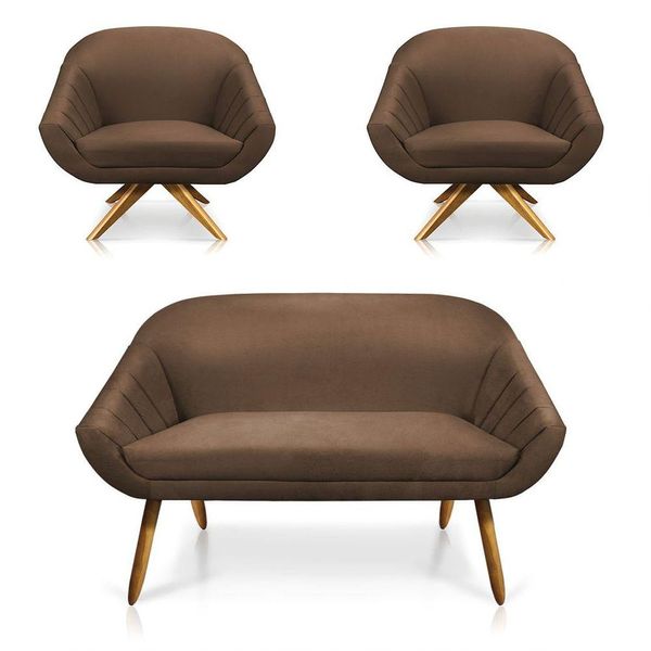 Kit 01 Namoradeira 02 Lugares E 02 Poltronas Giovana Suede Marrom