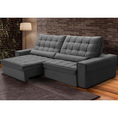Sofá Retrátil Reclinável Para Sala 4 Lugares 290cm Nebrasca F04 Veludo Cinza Escuro - Lyam Decor