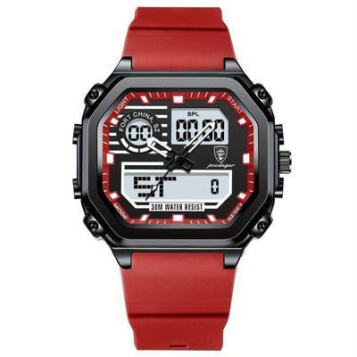 Relógio Esportivo Masculino Pulseira Em Silicone Display Híbrido Digital Analógico Vermelho