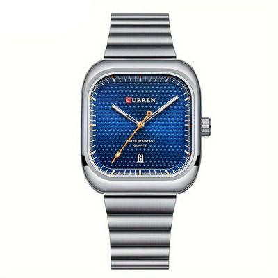 Relógio Casual Masculino De Quartzo Pulseira De Aço Inoxidável Quadrado Prata Azul