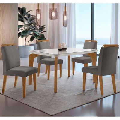Conjunto Mesa Liz 120cm Com Vidro Cp 4 Cadeiras Athenas Moderna Veludo Grafite Off White Imbuia