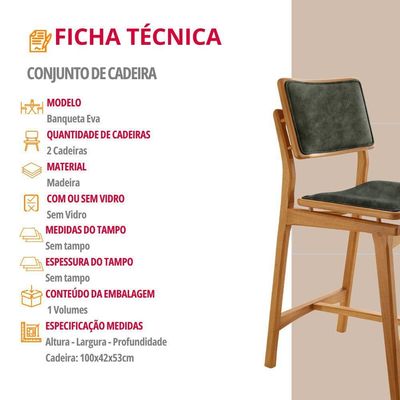 Conjunto Com 2 Banquetas Eva Moderna Jade Imbuia Natural