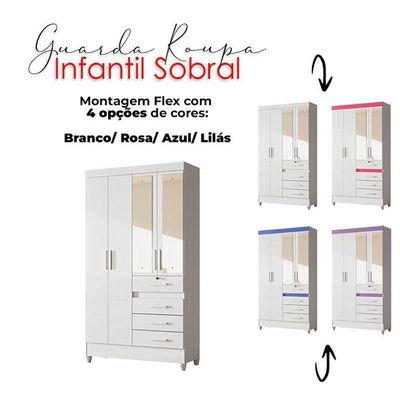 Guarda Roupa Com Espelho Infantil Sobral Com Cômoda Vênus E Armário Multiuso New íris Branco Brilho – Moval