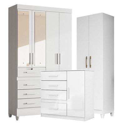 Guarda Roupa Com Espelho Infantil Sobral Com Cômoda Vênus E Armário Multiuso New íris Branco Brilho – Moval