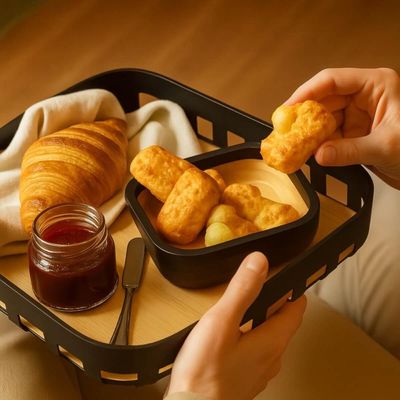 Bandeja Retangular para Servir 35x29cm Preto Bambu Lanche Café Petiscos Ou Decoração