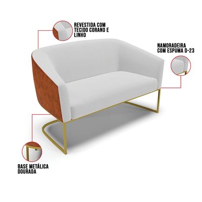 Sofá 2 Lugares Namoradeira Industrial Dourado Stella Noz/Linho Cinza D03 - D'Rossi