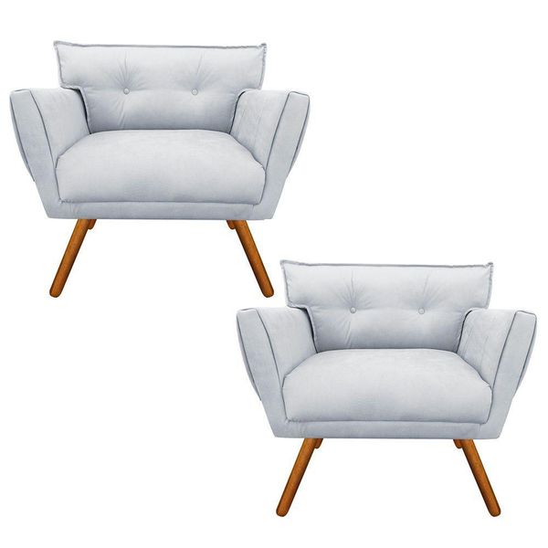 Kit 02 Poltronas Anitta Suede Cinza Pés Palito Castanho