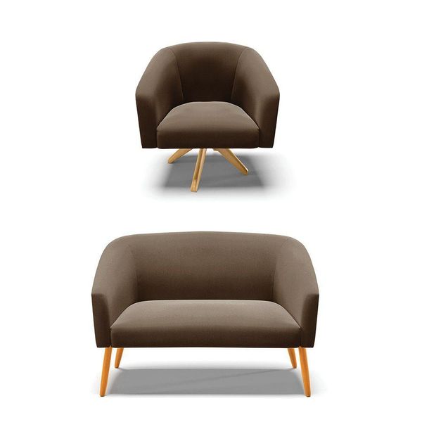 Kit 1 Namoradeira E 1 Poltrona Base Madeira Marrom