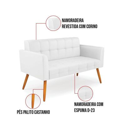 Sofá Namoradeira Elisa Corino Pés Palito Castanho - D'rossi Cor Branco