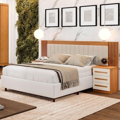 Cabeceira Valência Estofada Ripada E 2 Mesas De Cabeceiras Benetil Cinamomo-off White