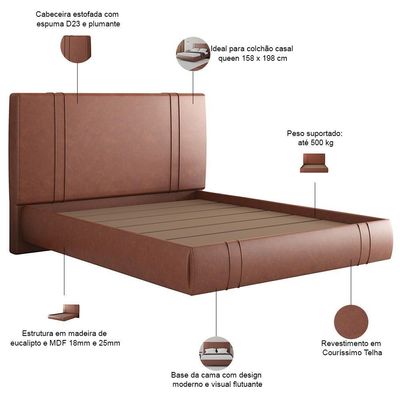 Cama Queen Flutuante Com Cabeceira 160cm Astra S04 Couríssimo Telha - Lyam Decor