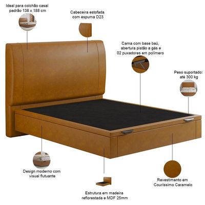 Cama Casal Baú Flutuante Com Cabeceira 140cm Spazio S04 Couríssimo Caramelo - Lyam Decor