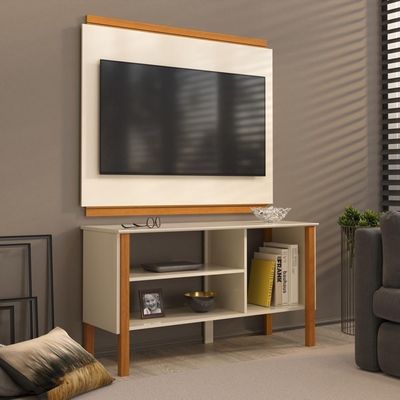 Rack Tv 32 Polegadas Com 3 Prateleiras E Painel 90cm Asteca - Off White E Cedro