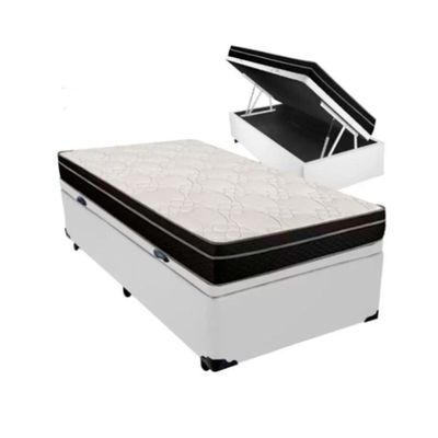 Cama Box Baú Solteiro 88 Tecido Sintético Branco Com Colchão Paris De Molas Ensacadas Preto 66x88x188