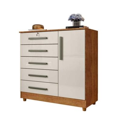 Cômoda Grande 5 Gavetas 1 Porta Com Chave Elegante Cedro / Areia Repleta Cedro/areia
