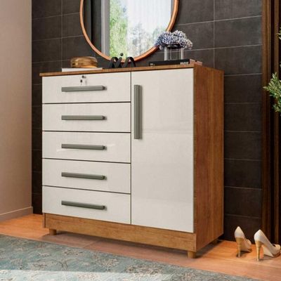 Cômoda Grande 5 Gavetas 1 Porta Com Chave Elegante Cedro / Areia Repleta Cedro/areia