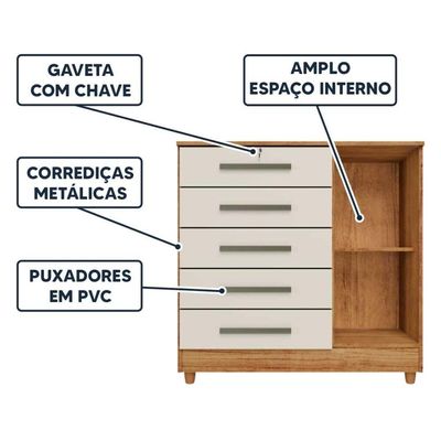 Cômoda Grande 5 Gavetas 1 Porta Com Chave Elegante Cedro / Areia Repleta Cedro/areia