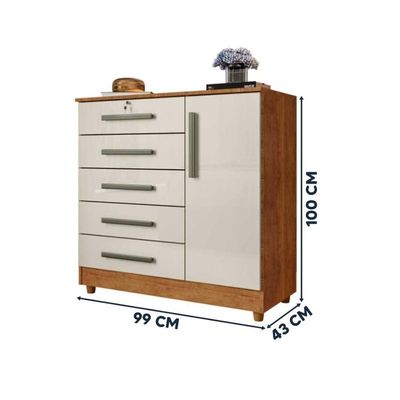 Cômoda Grande 5 Gavetas 1 Porta Com Chave Elegante Cedro / Areia Repleta Cedro/areia
