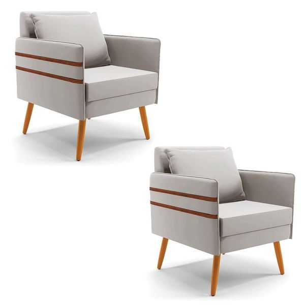Kit 02 Poltronas Mari Veludo Cinza Pés Palito Castanho
