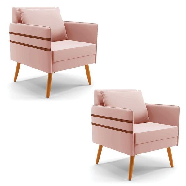 Kit 02 Poltronas Mari Veludo Rosê Pés Palito Castanho