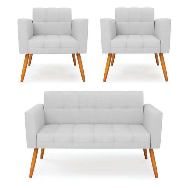 Kit 1 Sofá Namoradeira E 2 Poltronas Elisa Linho Cinza A05 Pés Palito Castanho - D'rossi