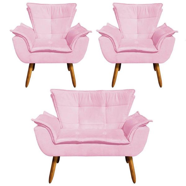 Kit 01 Namoradeira 02 Poltronas Suede Rosa Bebê