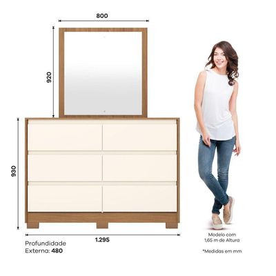 Cômoda 6 Gavetas Layla Com Espelho Casa 812 Nature Com Off White