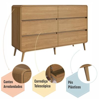 Cômoda Aparador Multiuso 6 Gavetas Estilo Retrô Moderna Para Quarto Ou Sala Carvalho Xingu