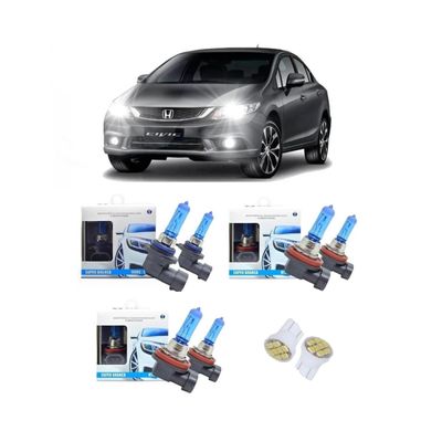Kit Lâmpadas Super Branca 8500k Farol Alto Baixo e Milha + Pingos Honda New Civic 2012 à 2014