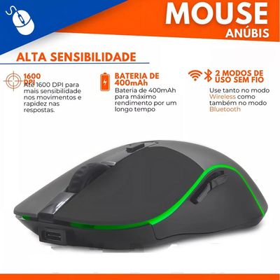 Mouse Gamer Sem Fio Wireless Usb Bluetooth 1600 Dpi Led RGB Cor Preto/Cinza