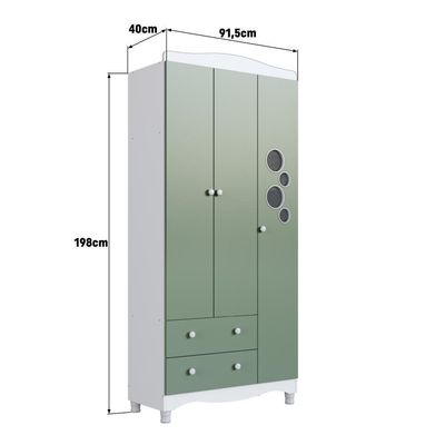Guarda-roupa Infantil 3 Portas 2 Gavetas Nichos Cabideiro Branco com Verde