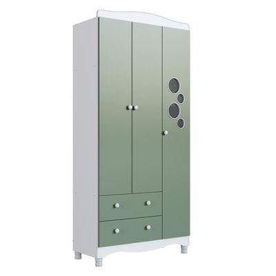 Guarda-roupa Infantil 3 Portas 2 Gavetas Nichos Cabideiro Branco com Verde