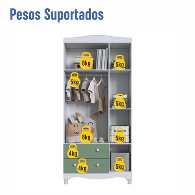 Guarda-roupa Infantil 3 Portas 2 Gavetas Nichos Cabideiro Branco com Verde