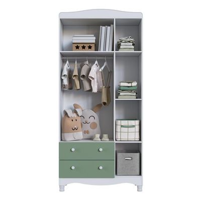 Guarda-roupa Infantil 3 Portas 2 Gavetas Nichos Cabideiro Branco com Verde