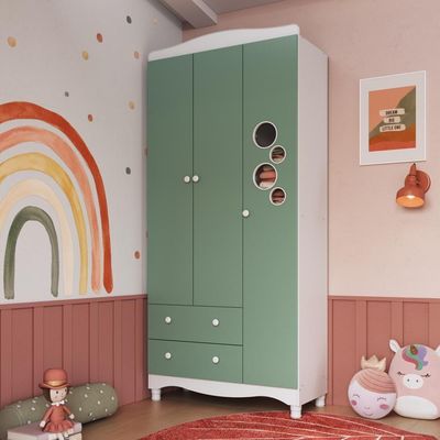 Guarda-roupa Infantil 3 Portas 2 Gavetas Nichos Cabideiro Branco com Verde