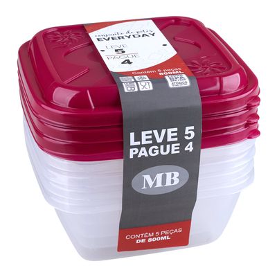 Conjunto de Potes Plásticos Mb Everyday com 5 Peças 800ml - Item Sortido