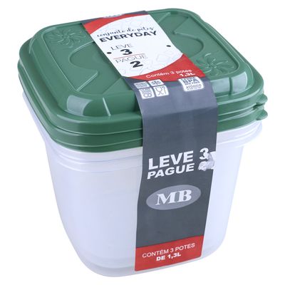 Conjunto de Potes Plásticos Mb Everyday com 3 Peças 1,3L - Item Sortido