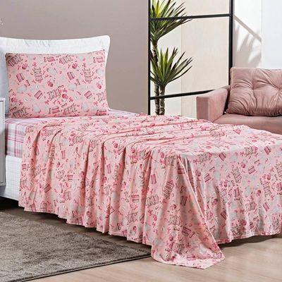 Jogo De Lençol Solteiro Joy Malha 100% Algodão Estampado 3 Peças Cor Fashion Rosa
