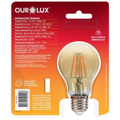 Lâmpada Vintage Led Bulbo A60 De 4 Watts E 2400k - 05315 - Ourolux Vintage Led Bulbo A60 4w Biv 2400k Courolux