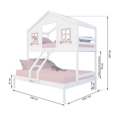 Beliche Casal/ Solteiro Casinha Dos Sonhos Madeira Maciça Branco/ Rosa Megamobilia