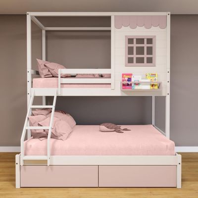 Beliche Casinha Reta Casal/ Solteiro 02 Gavetas Rosa Madeira Maciça Branco/ Rosa Housin