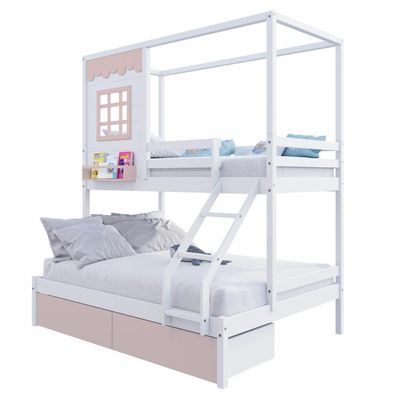Beliche Casinha Reta Casal/ Solteiro 02 Gavetas Rosa Madeira Maciça Branco/ Rosa Housin