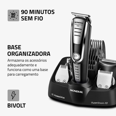 Aparador de Pelos Super Groom 10 Mondial Preto/Prata 6W Bivolt - BG-06 Bivolt