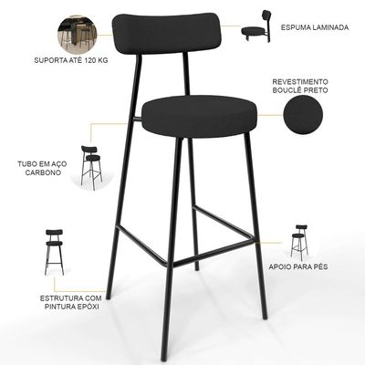 Kit 04 Banquetas Altas Bar Cozinha Sala De Jantar Em Aço Milão L02 Bouclê Preto - Lyam Decor