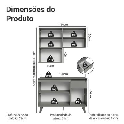 Armário De Cozinha Compacta 120 Cm Cinza Nice Madesa 05