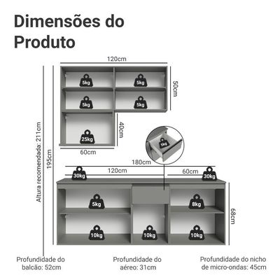Armário De Cozinha Compacta 180 Cm Suspensa Cinza Nice Madesa 03