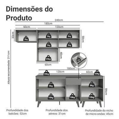Armário De Cozinha Completa 240 Cm Cinza Nice Madesa 06